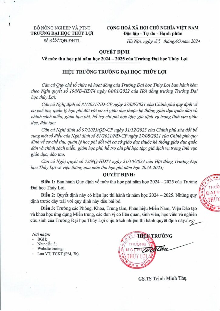 Quyết định mức thu học phí năm học 2024-2025